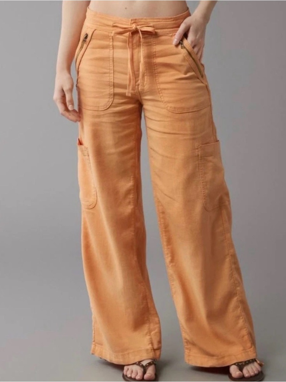 AMERICAN EAGLE Orange Dreamy Drape Linen-Blend Baggy Wide-Leg Cargo Pant